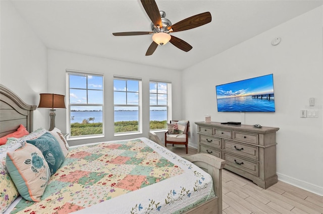 bedroom featuring light wood-type flooring and ceiling fan