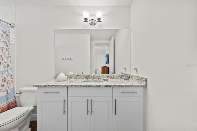 bathroom featuring toilet, vanity, and a shower with curtain