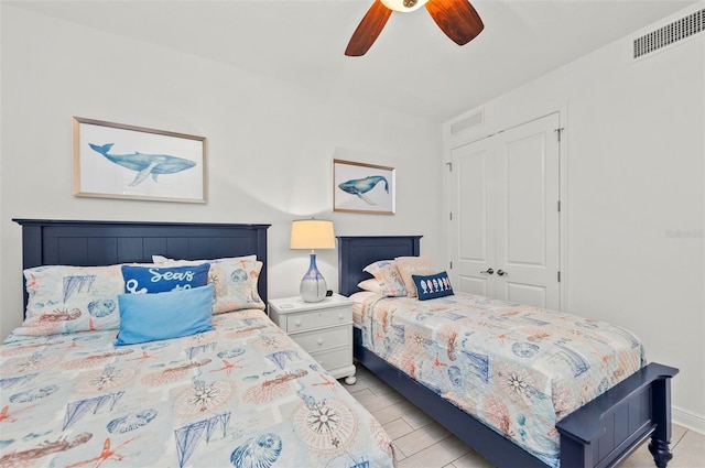 bedroom with ceiling fan and a closet