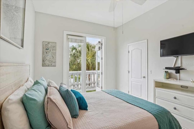 bedroom with ceiling fan and access to outside