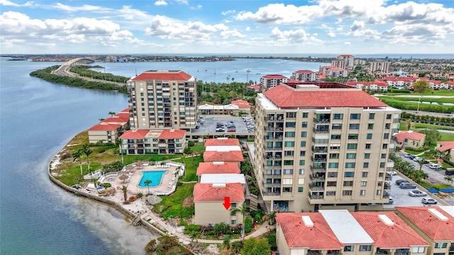 drone / aerial view featuring a water view