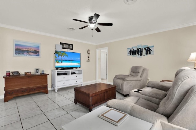 living room with ceiling fan, light tile patterned floors, and crown molding