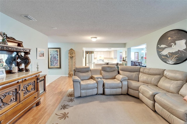 living room featuring a textured ceiling and light hardwood / wood-style flooring