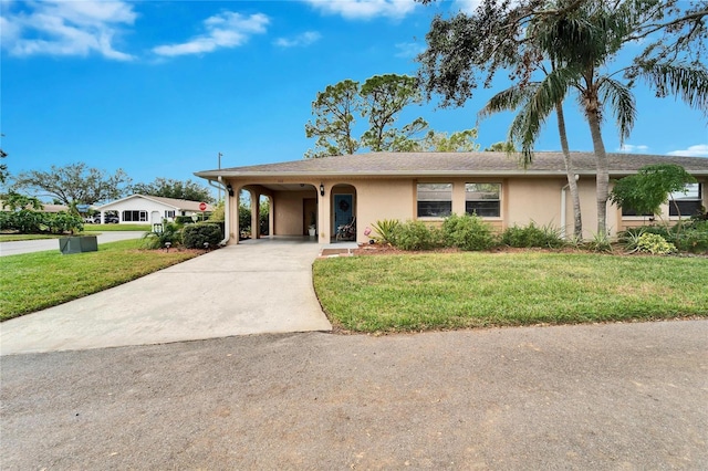 ranch-style home featuring a front lawn and a carport