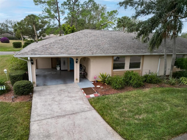 ranch-style home with a front lawn and a carport