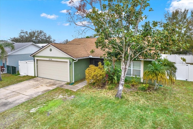 ranch-style house featuring a garage and a front lawn