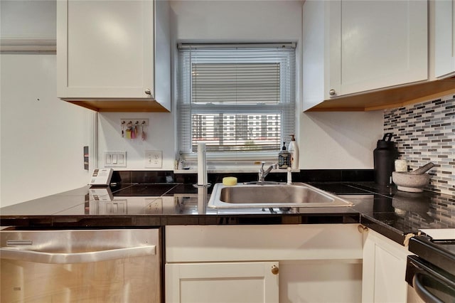 kitchen with sink, decorative backsplash, dishwasher, and white cabinets