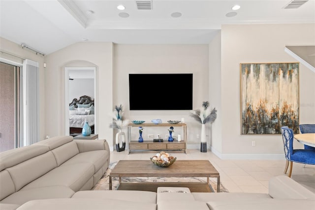 living room with crown molding and tile patterned floors