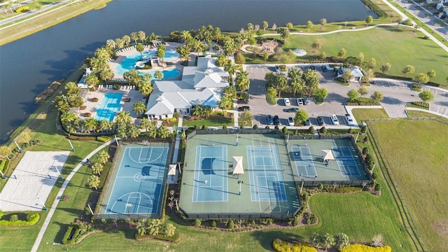 drone / aerial view with a water view