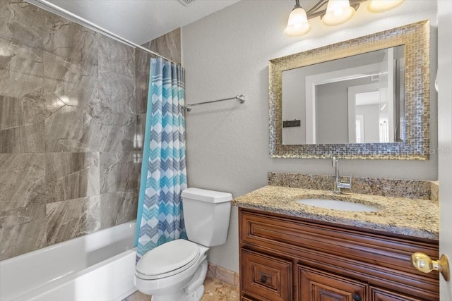 full bathroom featuring toilet, vanity, and shower / bath combo with shower curtain