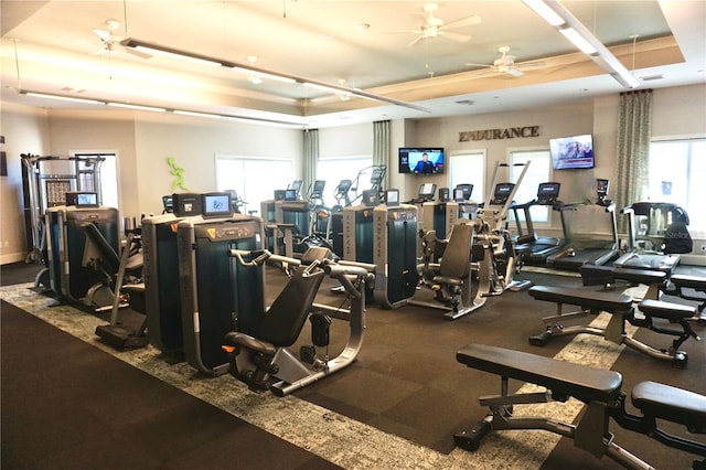5426 Rushmere Ct, Palmetto, FL 34221 - workout area with a tray ceiling and ceiling fan