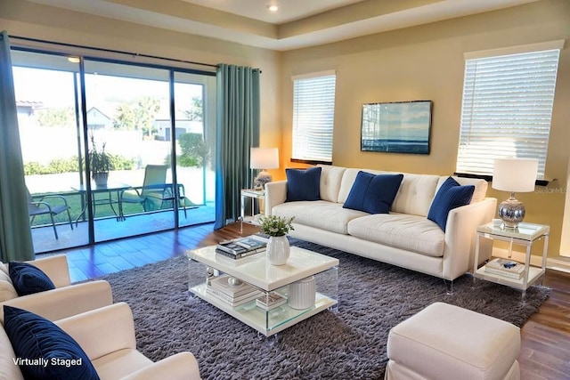 5426 Rushmere Ct, Palmetto, FL 34221 - living area with wood finished floors and a tray ceiling