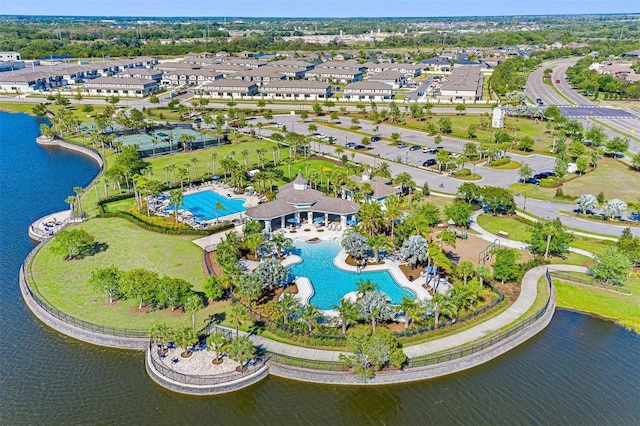 bird's eye view with a water view