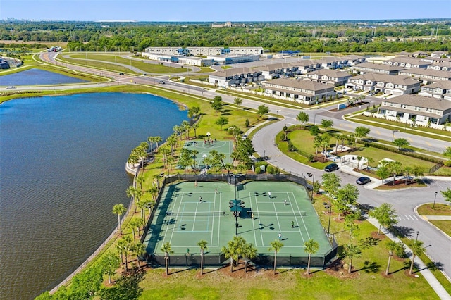 bird's eye view with a water view