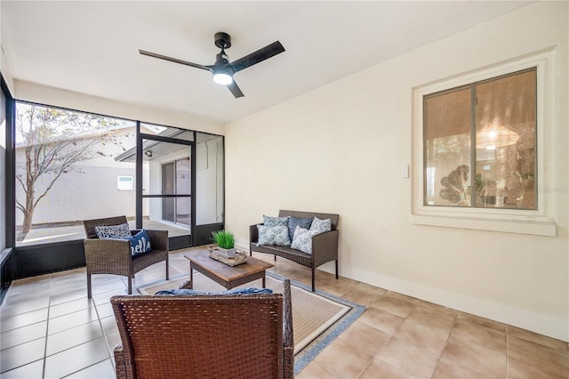 interior space featuring ceiling fan and an outdoor living space