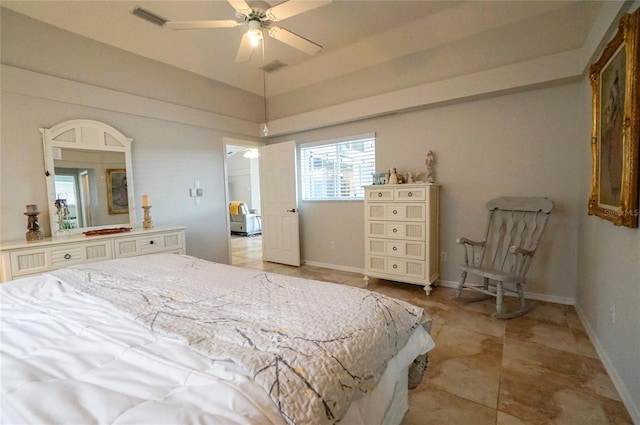 bedroom featuring ceiling fan and vaulted ceiling