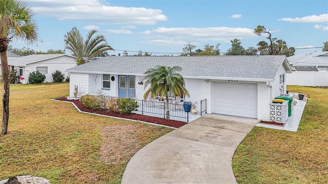 single story home with a garage and a front yard