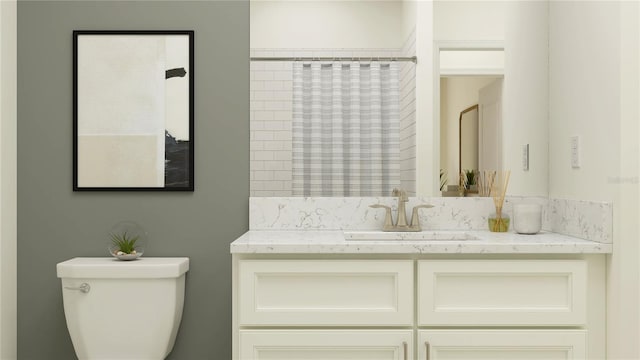 bathroom with toilet, vanity, and a shower with shower curtain