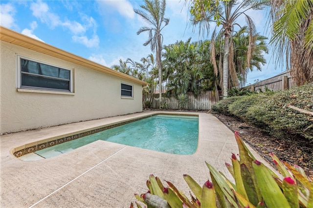 view of pool featuring a fenced in pool, a fenced backyard, and a patio