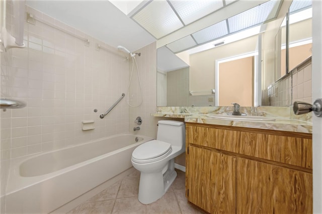 bathroom featuring visible vents, shower / bathing tub combination, toilet, vanity, and tile patterned floors