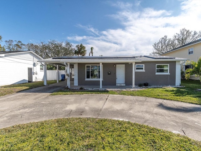 ranch-style house with covered porch and a front lawn