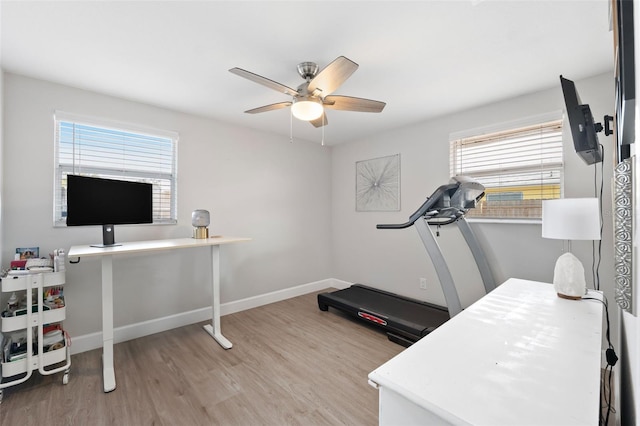 exercise room featuring ceiling fan, a healthy amount of sunlight, and light hardwood / wood-style floors