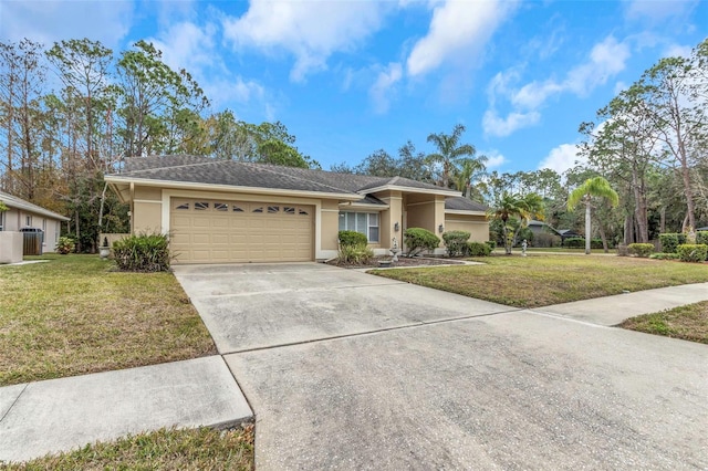 single story home with a garage, a front lawn, and central AC