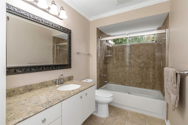 full bathroom featuring toilet, vanity, tile patterned floors, combined bath / shower with glass door, and crown molding