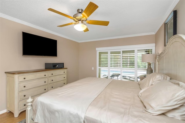 bedroom featuring ceiling fan, access to exterior, crown molding, light hardwood / wood-style flooring, and a textured ceiling