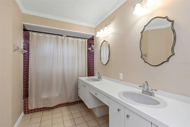 bathroom with vanity, tile patterned floors, crown molding, and a textured ceiling