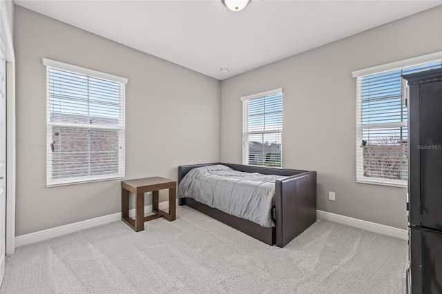 bedroom with light carpet