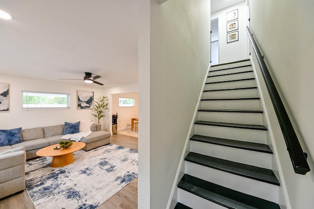 stairway featuring wood finished floors and a ceiling fan