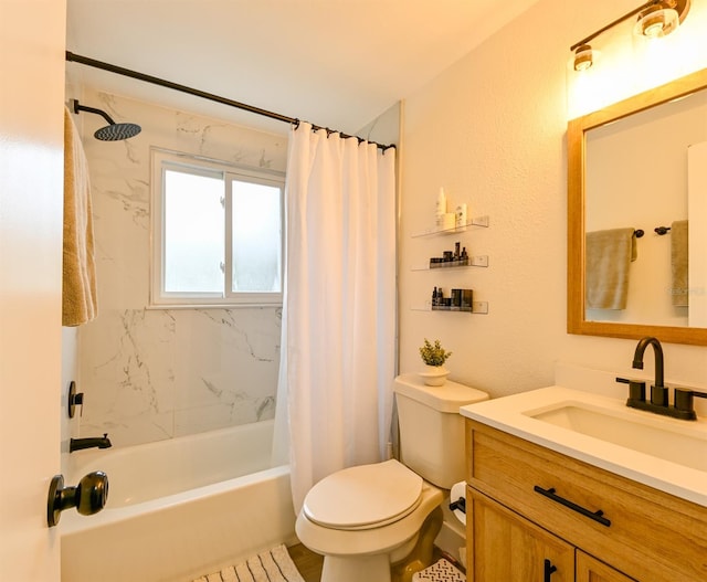 bathroom featuring vanity, shower / bath combination with curtain, and toilet