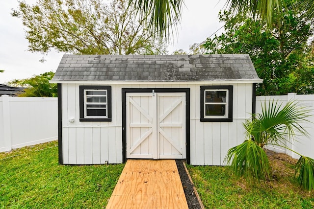 view of shed with a fenced backyard