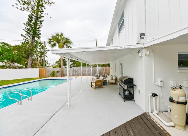 view of pool featuring grilling area, a fenced in pool, an outdoor living space, a fenced backyard, and a patio