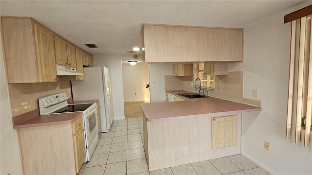 kitchen featuring kitchen peninsula, white electric range oven, sink, and light brown cabinets