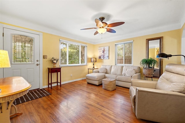 living room with ceiling fan, hardwood / wood-style floors, and plenty of natural light