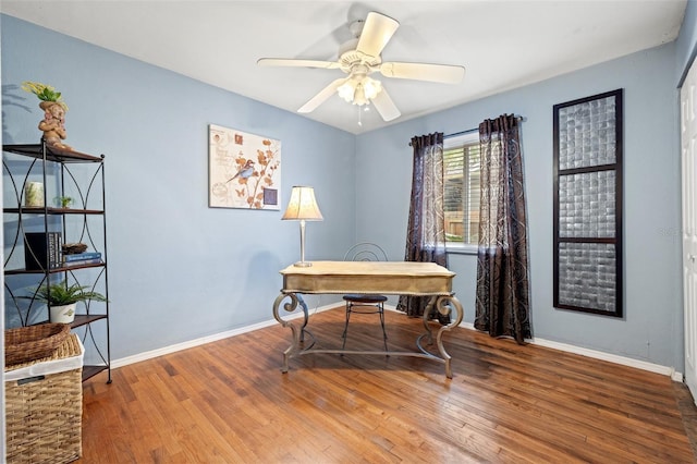 home office with ceiling fan and wood-type flooring