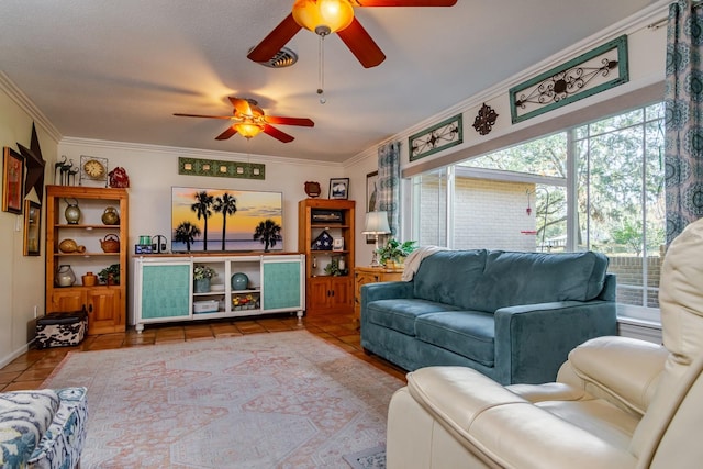 tiled living room featuring ceiling fan and ornamental molding