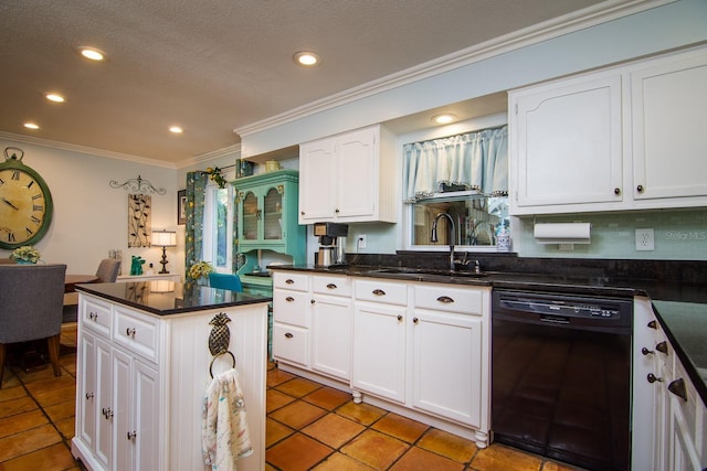 kitchen with dishwasher, sink, crown molding, white cabinetry, and light tile patterned flooring