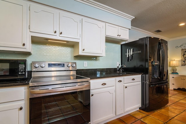 kitchen with a textured ceiling, white cabinets, black appliances, decorative backsplash, and ornamental molding