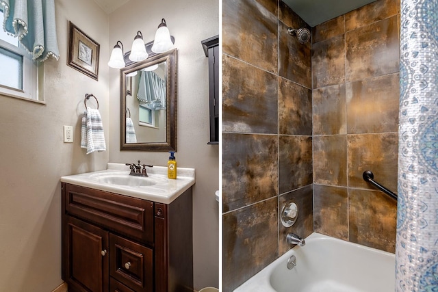 bathroom with shower / bath combo and vanity