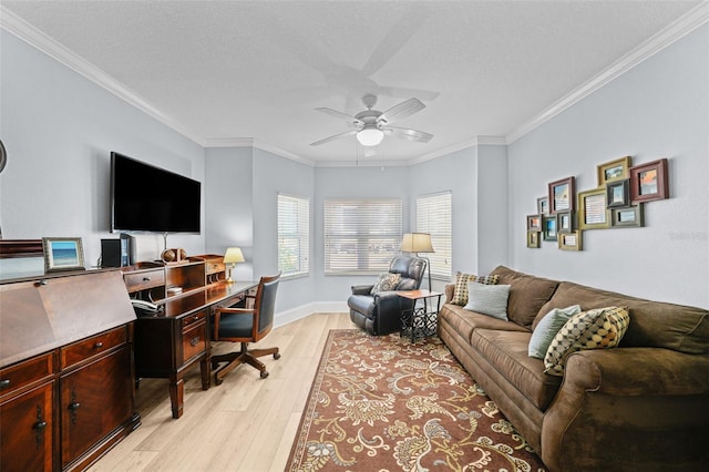 office space with ceiling fan, ornamental molding, light hardwood / wood-style flooring, and a textured ceiling