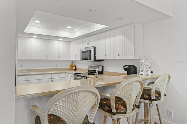 kitchen featuring white cabinetry, a tray ceiling, stainless steel appliances, and a breakfast bar