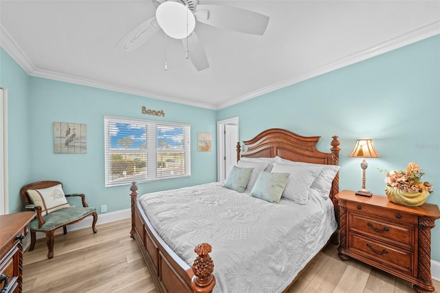 bedroom featuring ornamental molding, light hardwood / wood-style floors, and ceiling fan