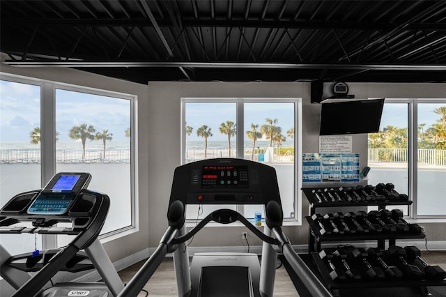 workout area featuring wood-type flooring