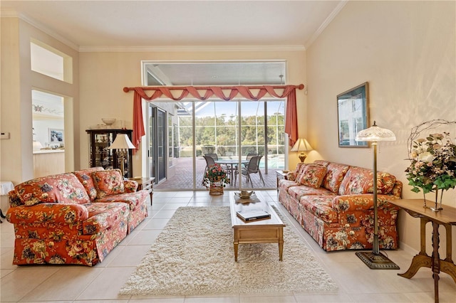 living room featuring crown molding and light tile patterned floors