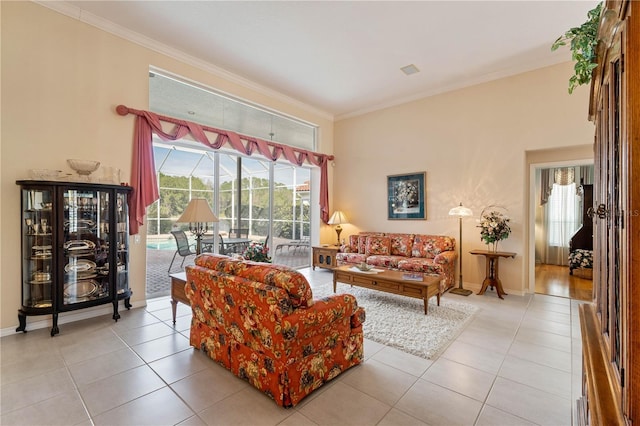 tiled living room featuring crown molding