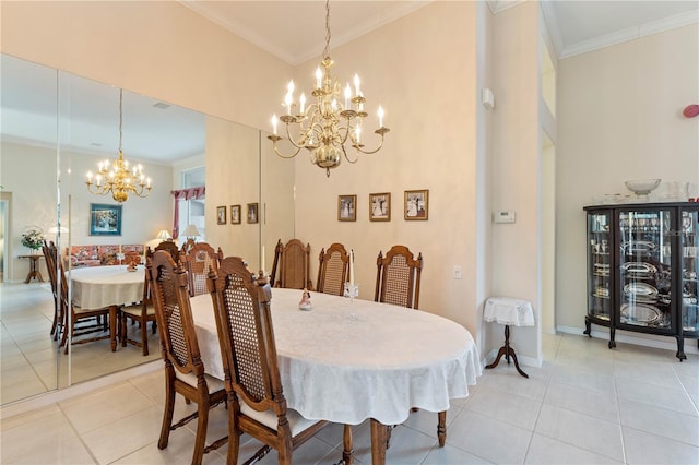 dining space featuring ornamental molding, light tile patterned floors, and an inviting chandelier