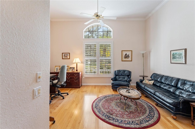 office with ornamental molding, ceiling fan, and light hardwood / wood-style floors